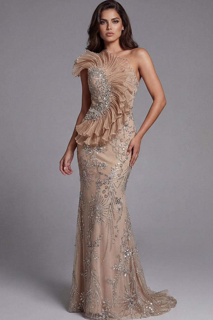 Crystal embroidered nude mermaid gown with flowing sheer cape