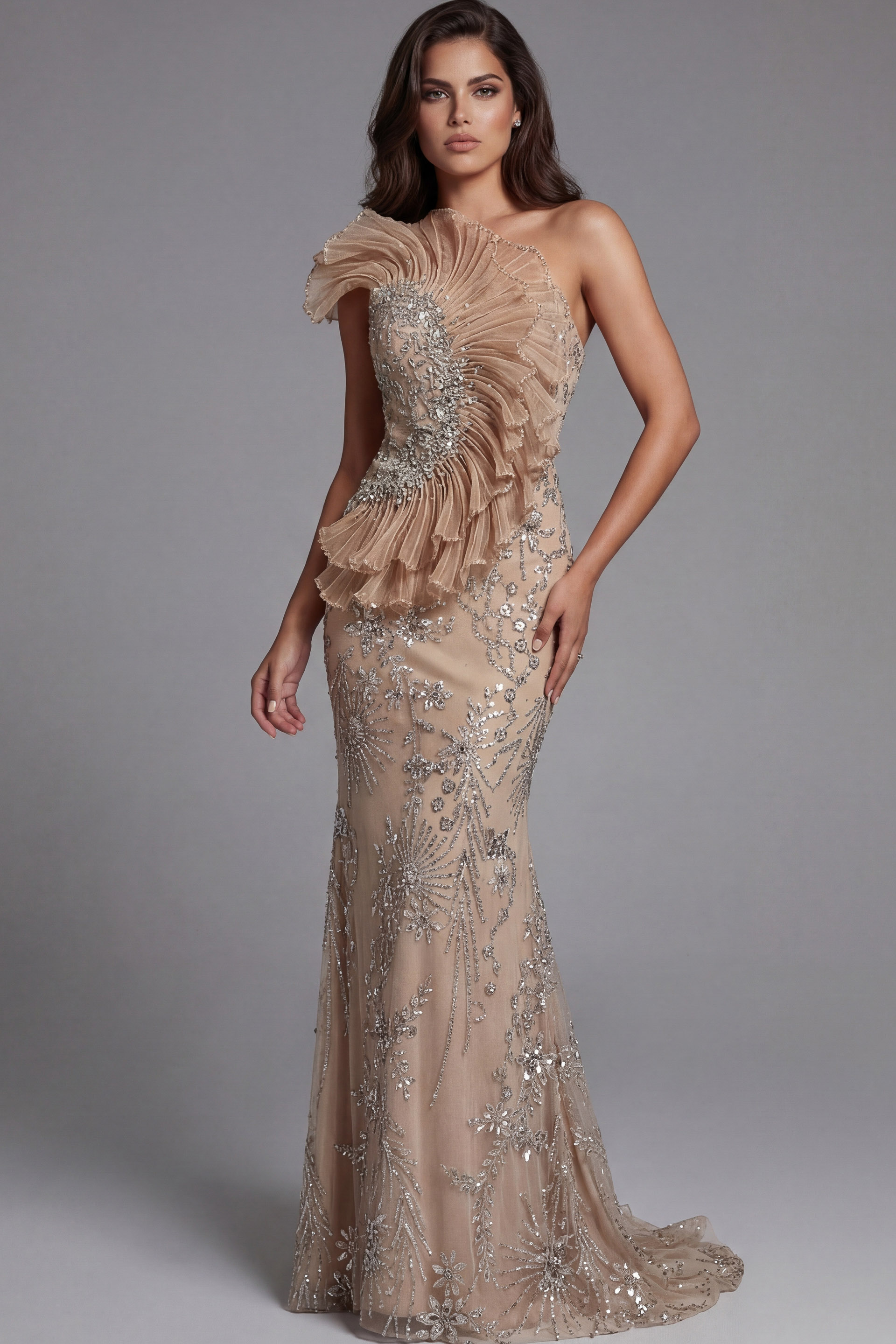 Crystal embroidered nude mermaid gown with flowing sheer cape