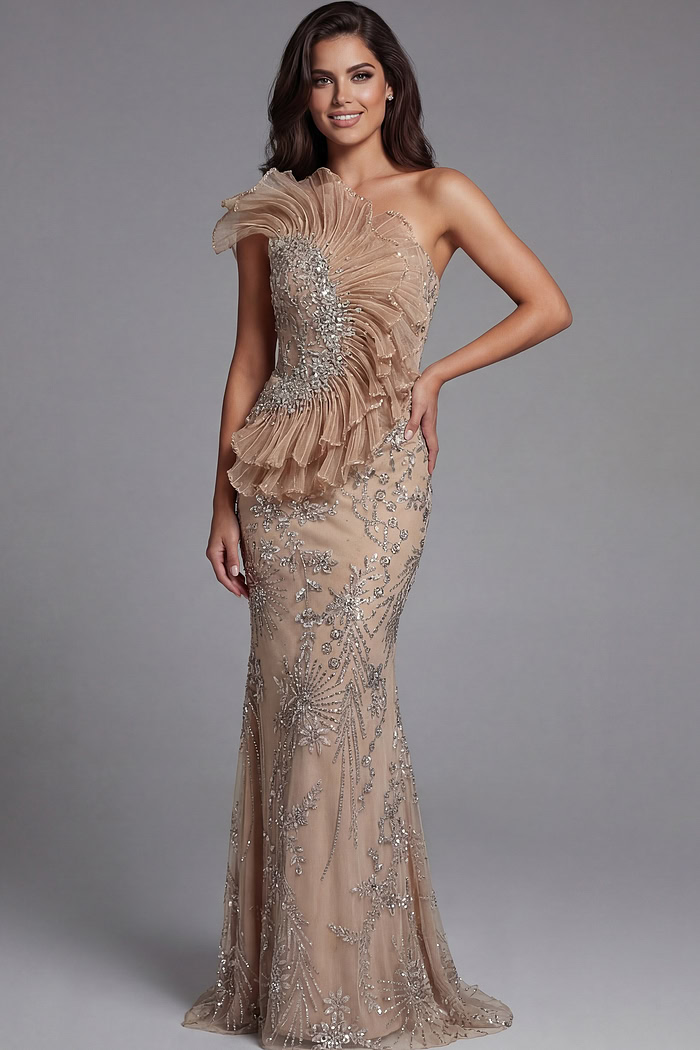 Elegant nude formal dress with crystal embroidery and fitted silhouette
