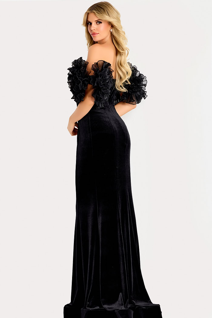 black fitted dress with organza ruffled sleeves 50216