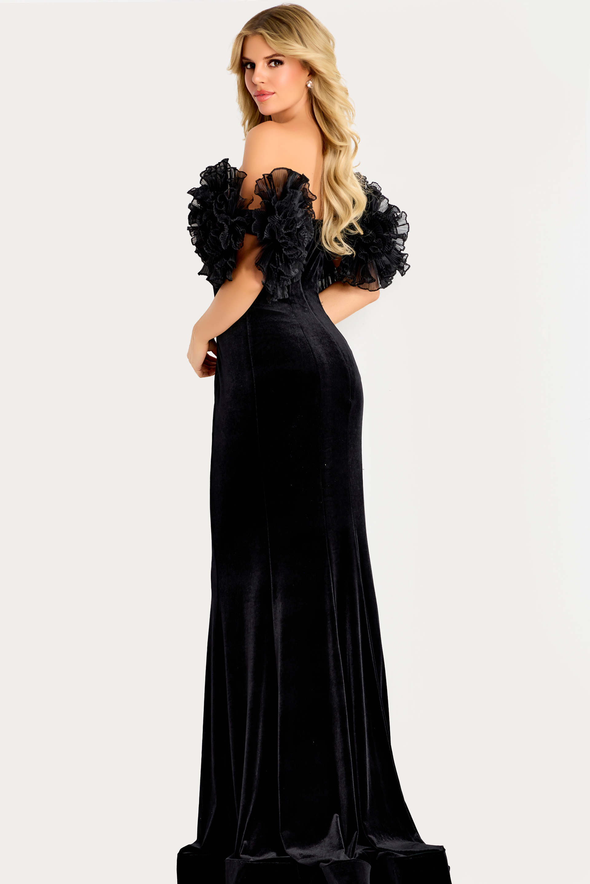 black fitted dress with organza ruffled sleeves 50216