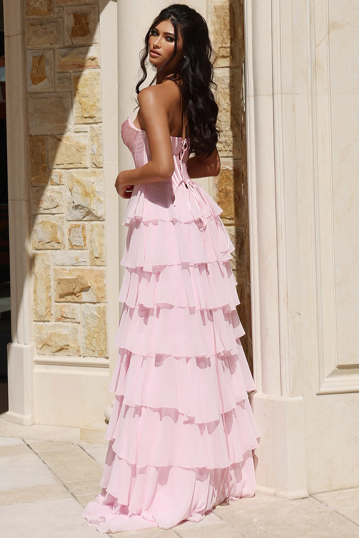 Flowing strapless gown with structured satin bodice and tiered layers