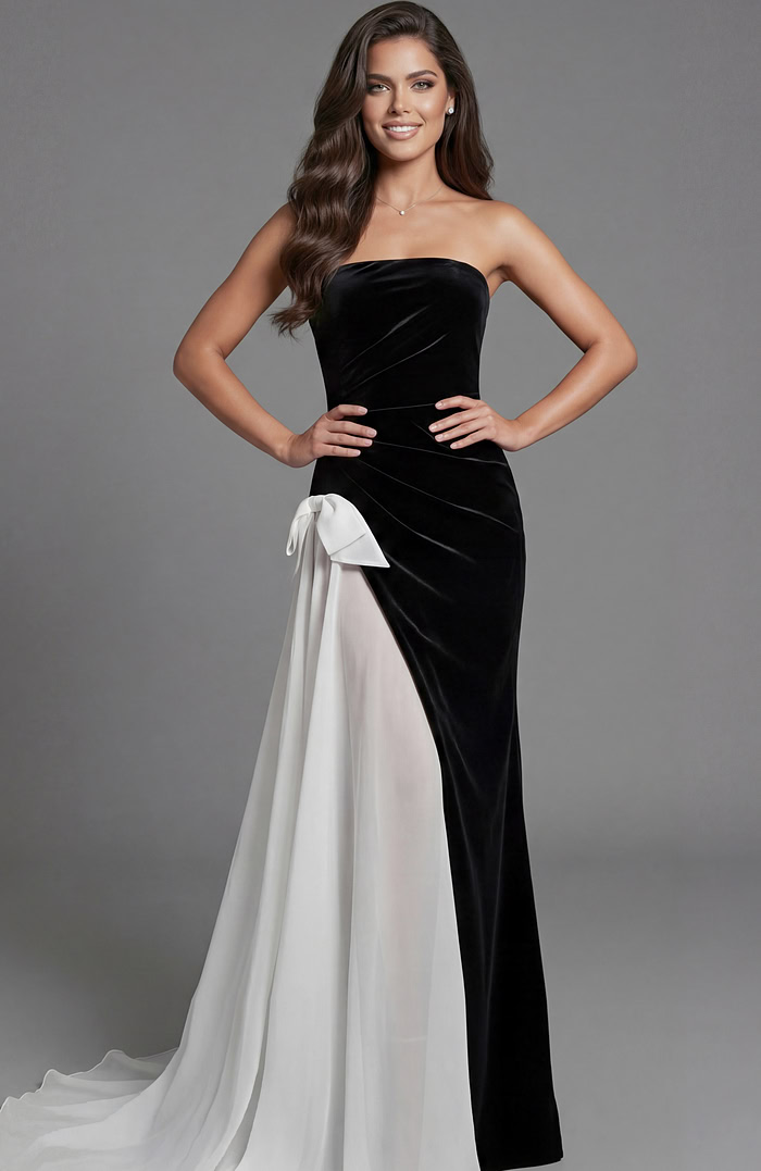 Strapless velvet gown with fitted silhouette and contrast draped panel