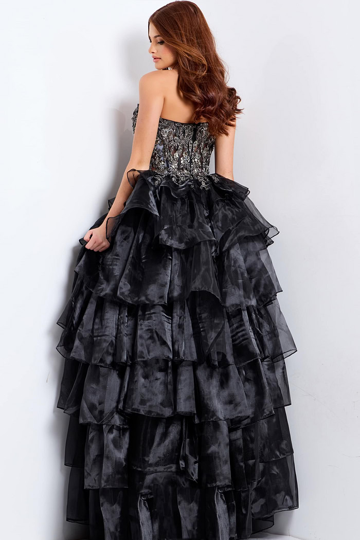 Tiered ruffle black gown with sheer bodice 50259
