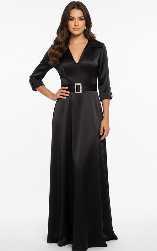 black v neckline dress with belt 50262