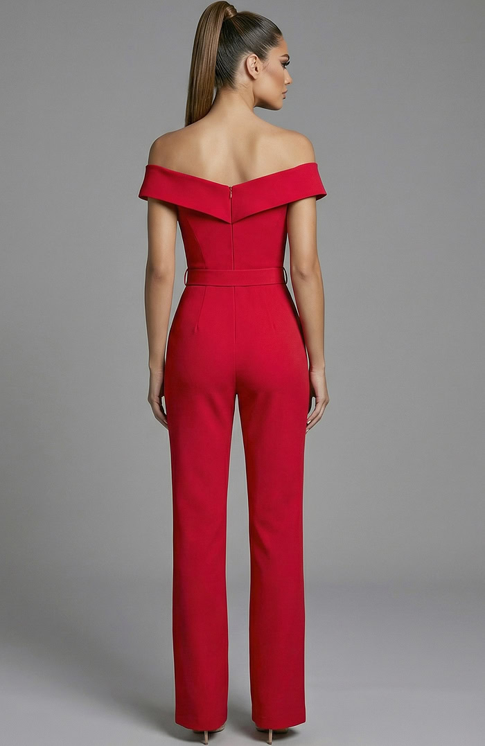off shoulder fitted jumpsuit with straight leg silhouette