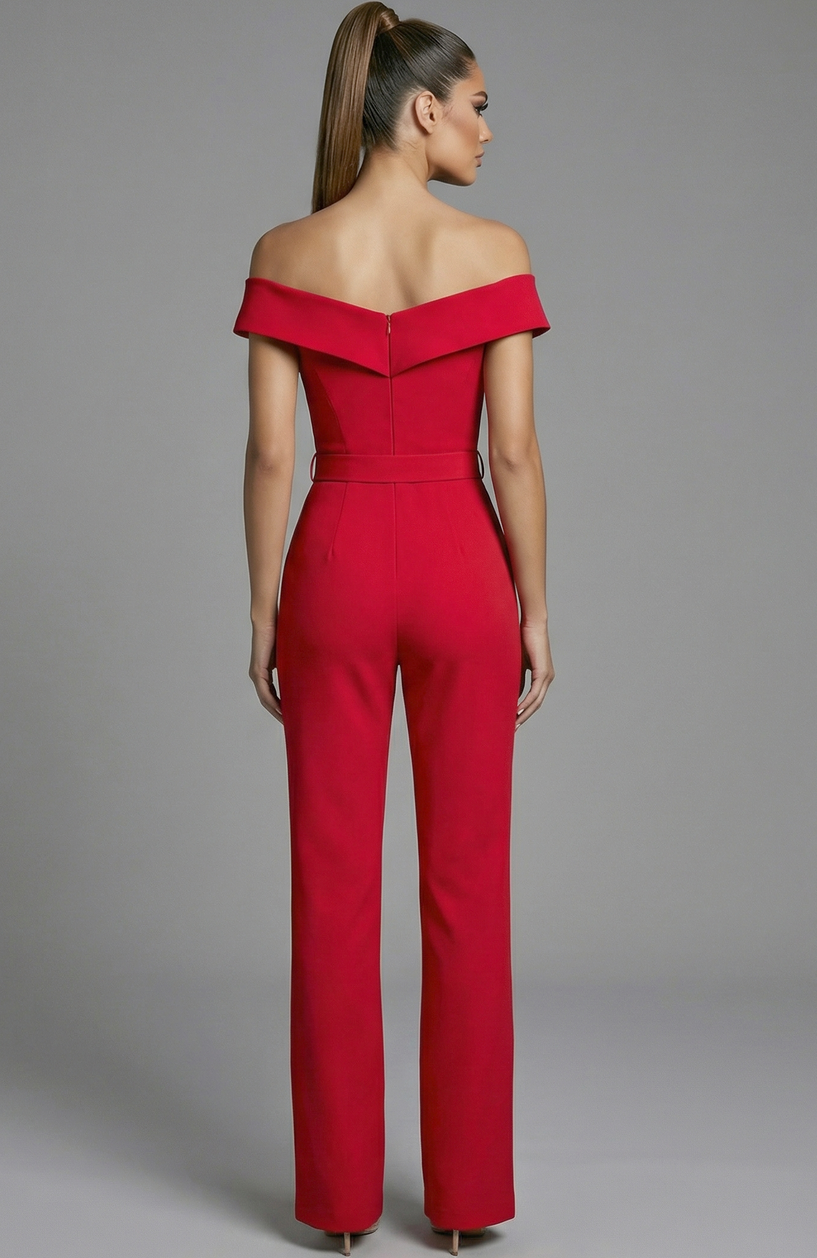 off shoulder fitted jumpsuit with straight leg silhouette