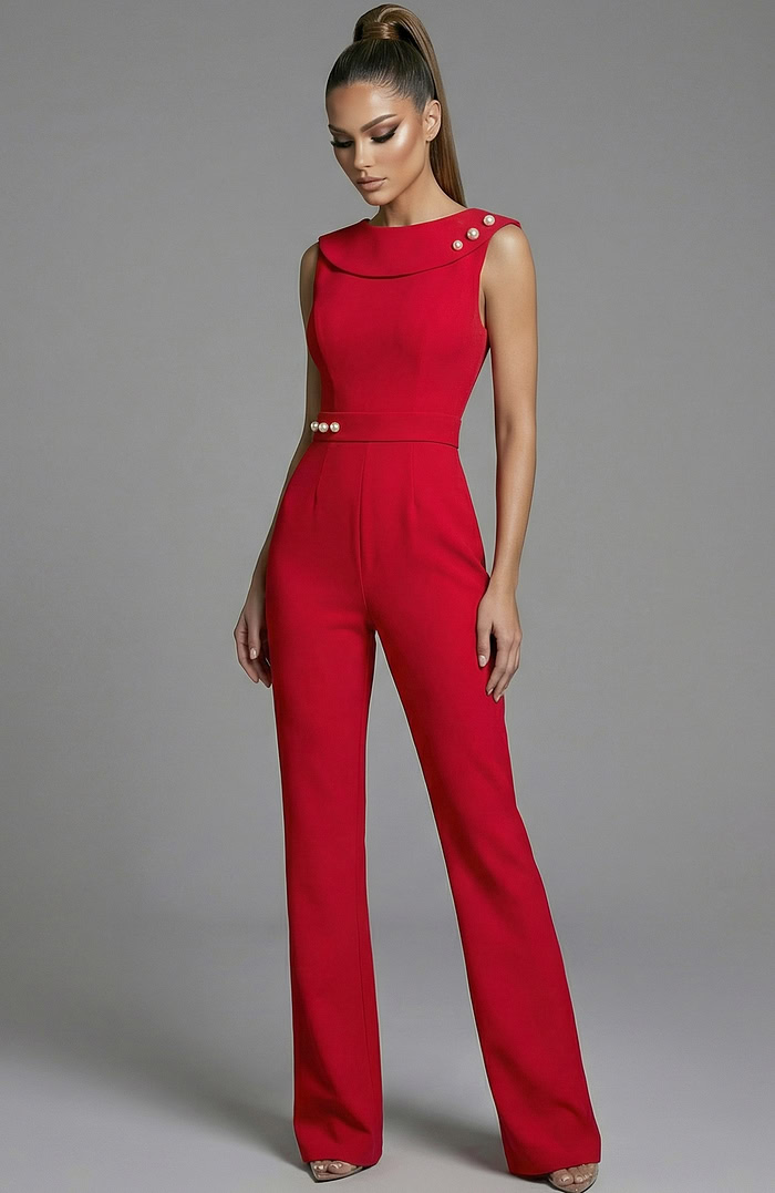 off shoulder tailored jumpsuit with pearl shoulder accents
