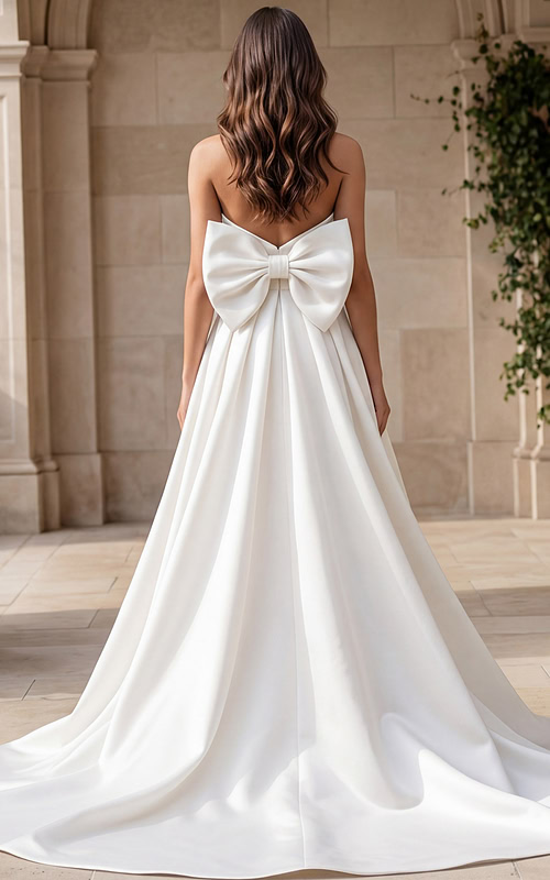 Elegant wedding dress with bow detail and flowing skirt