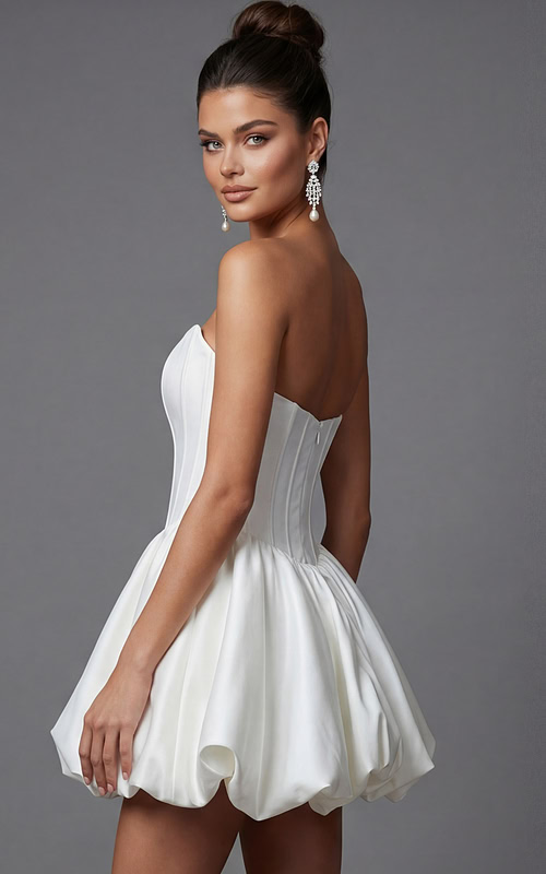 Back view of strapless corset dress featuring fitted waist and gathered bubble skirt