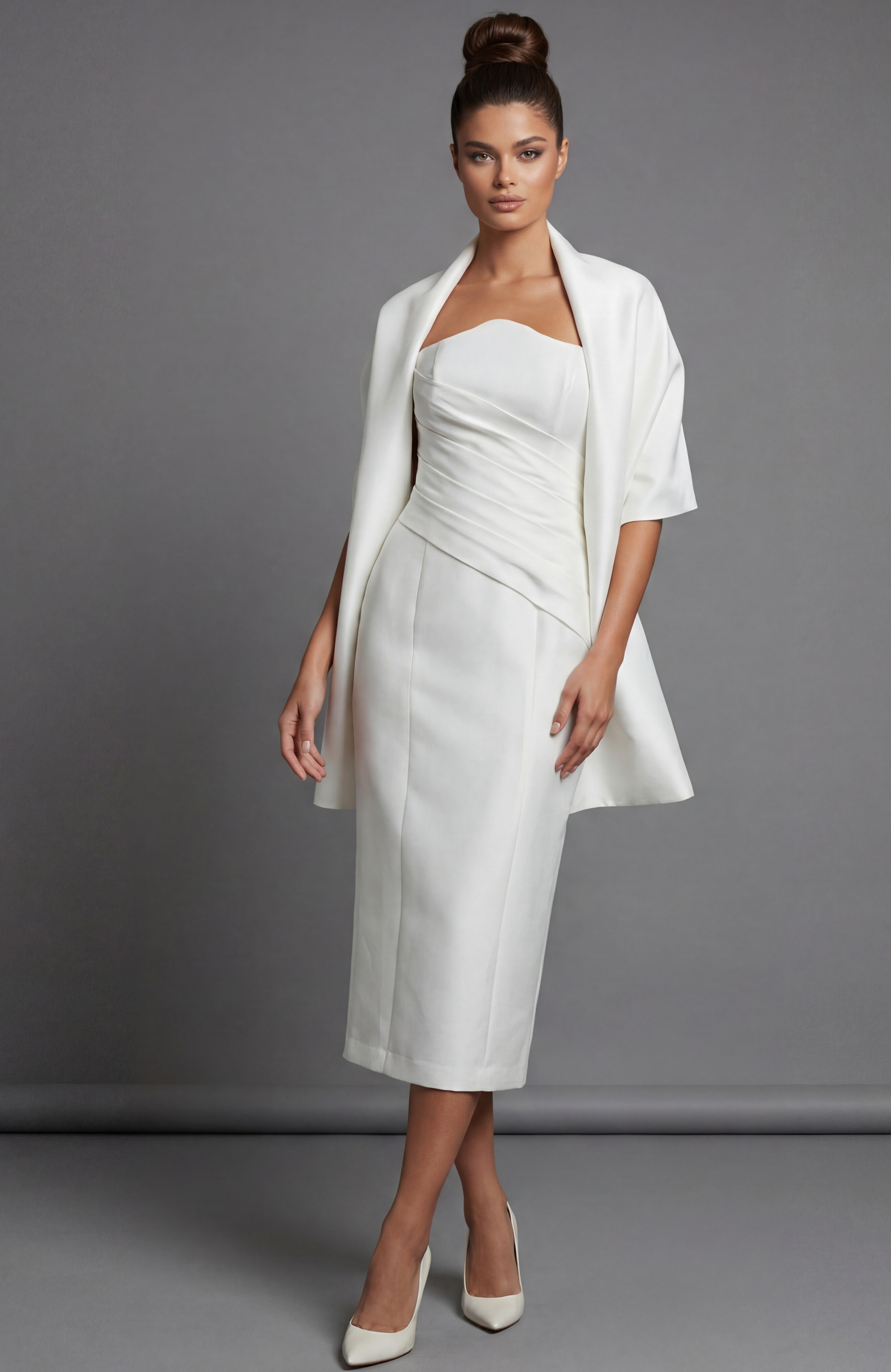 Front view of strapless white evening dress with structured waist detail