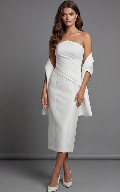 strapless white dress with center slit and smooth finish