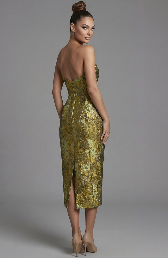Fitted metallic brocade evening dress with structured bodice and shawl