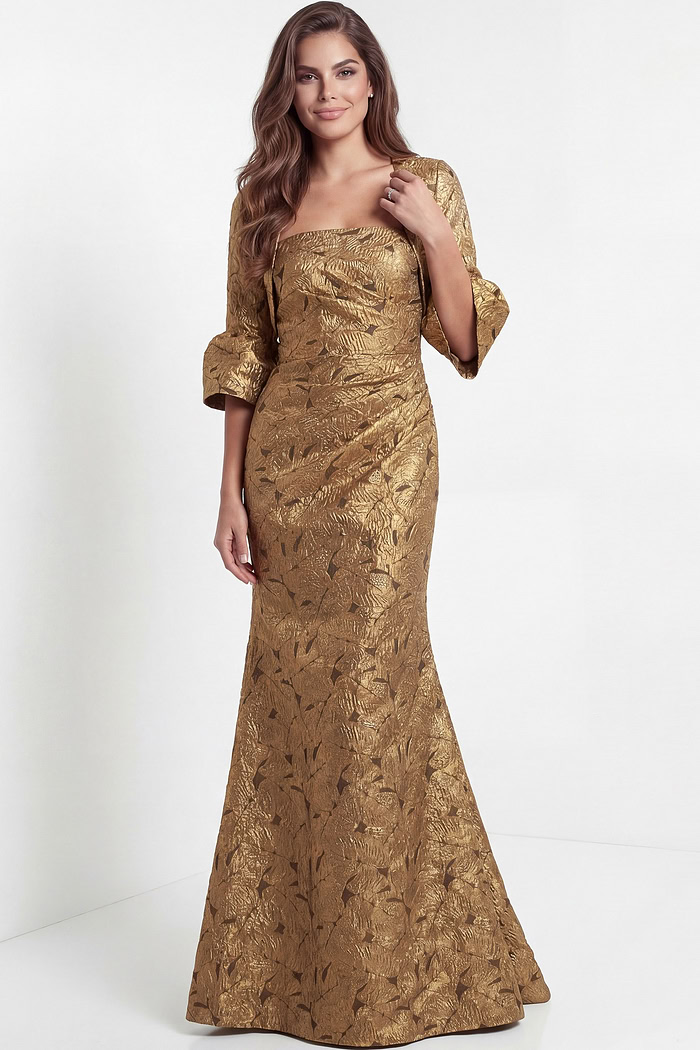 Metallic jacquard gown with square neckline and long sleeves