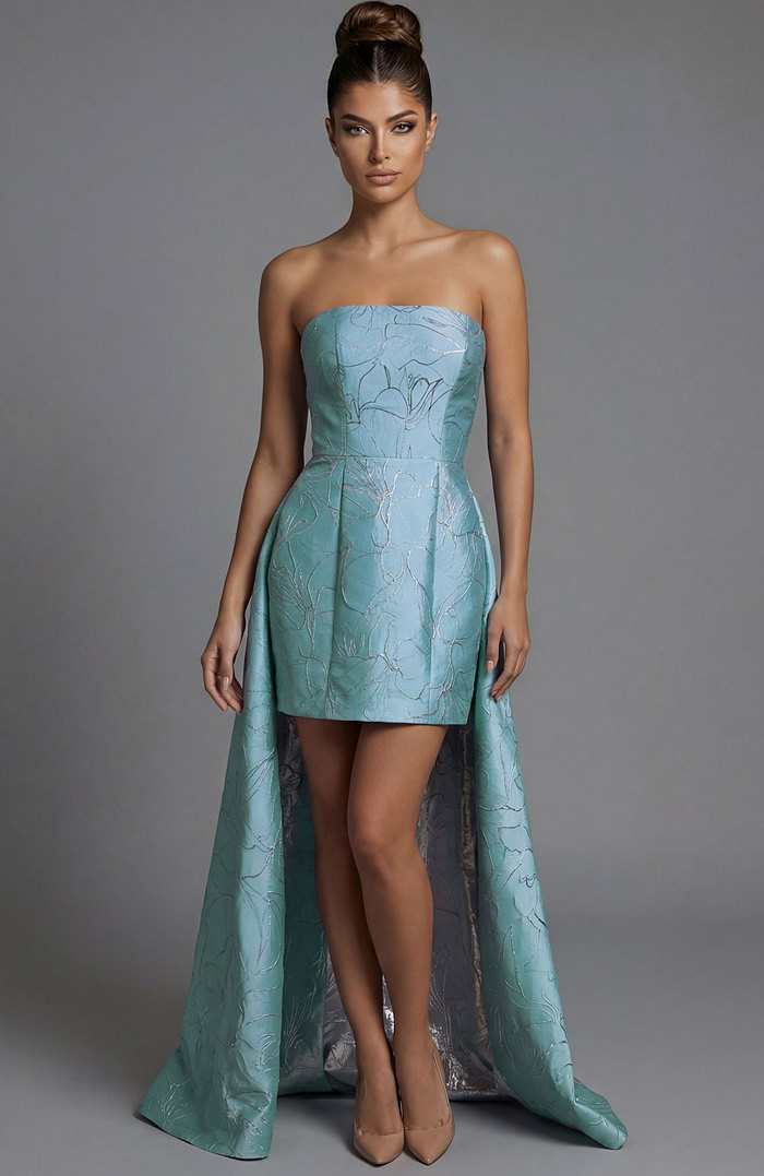 Strapless Brocade Corset Mini Dress With Full Skirt 51693