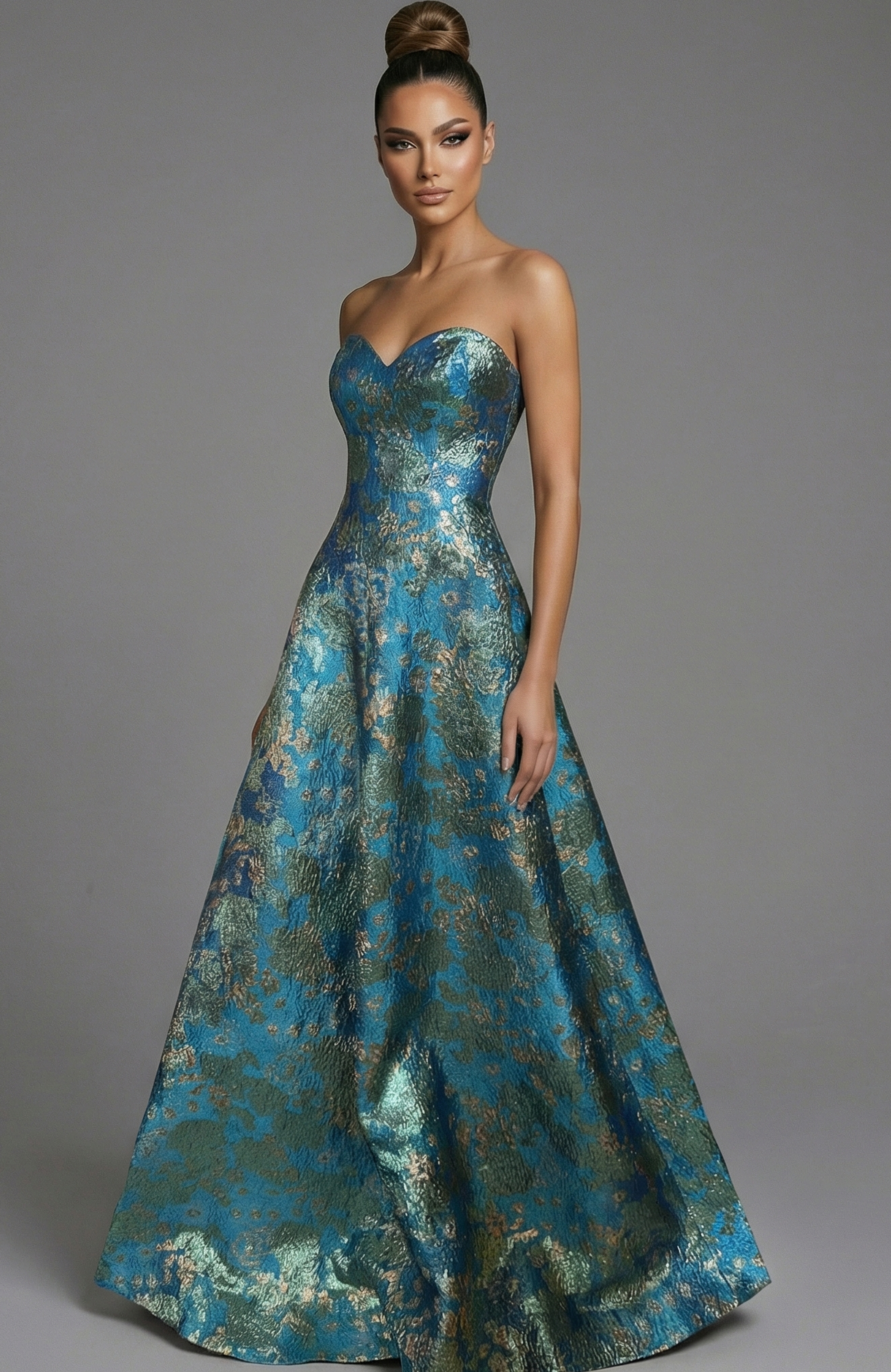 strapless brocade ball gown with fitted waist and flowing skirt