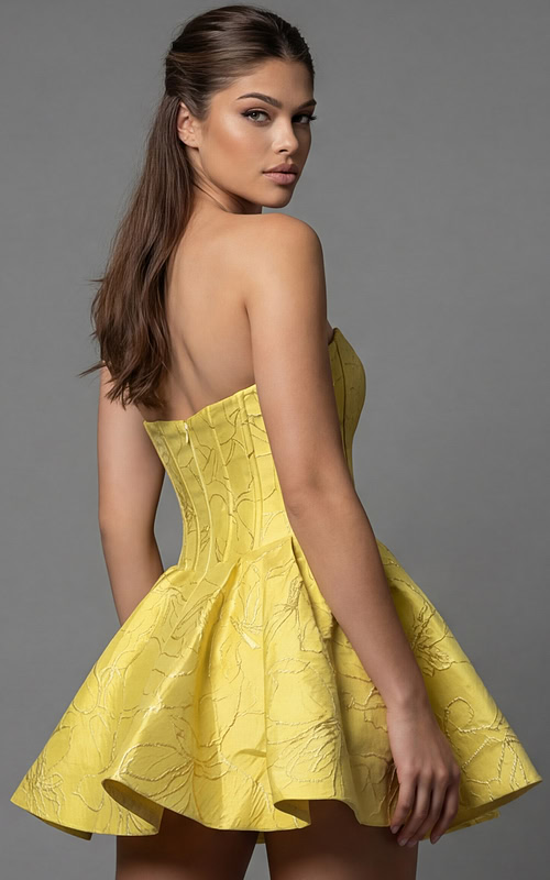 Strapless structured dress with sculpted bodice and flared skirt in textured fabric 51709