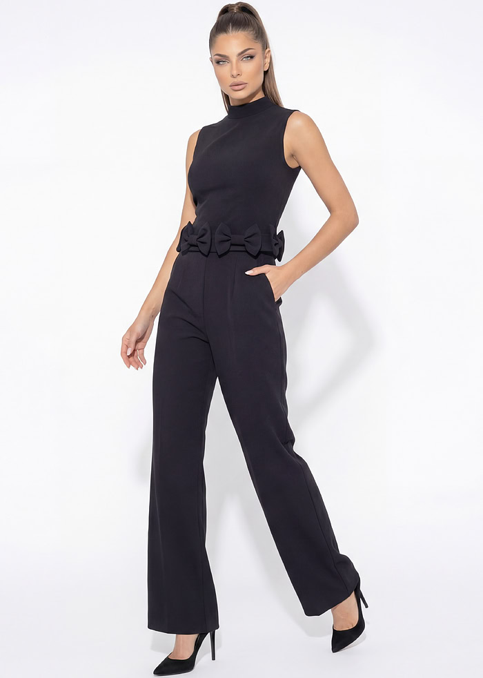 Designer black tailored jumpsuit with bow accent belt