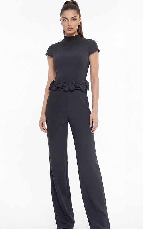 Black sleeveless jumpsuit with bow waist detail