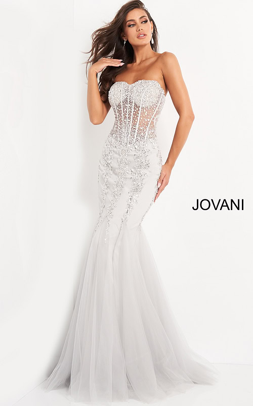 Model wearing Jovani 5908 Nude Embellished Corset Bodice Dress