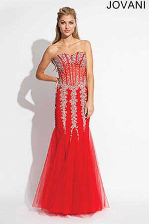 Model wearing Jovani 5908 Nude Embellished Corset Bodice Dress