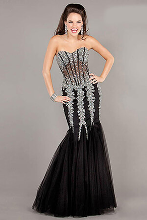 Model elegantly wearing Jovani 5908 black mermaid dress.