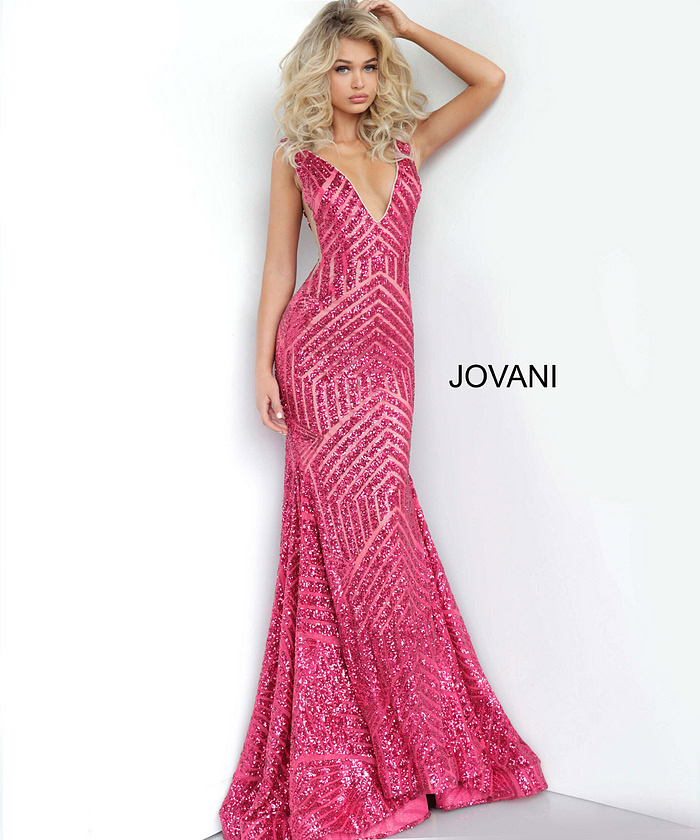 Model wearing Jovani 59762 Low V Neck Sequin Sheath Dress
