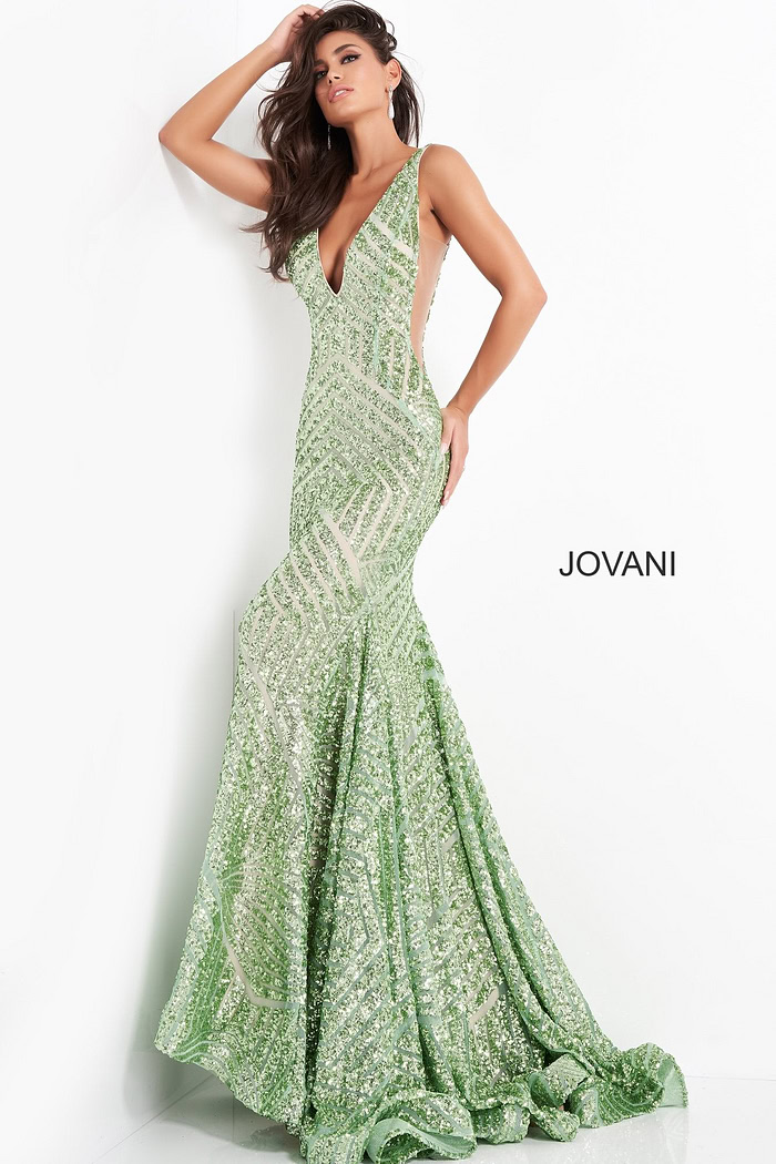 Model wearing Jovani 59762 pale green gown with a mermaid silhouette and sequin embellishments.