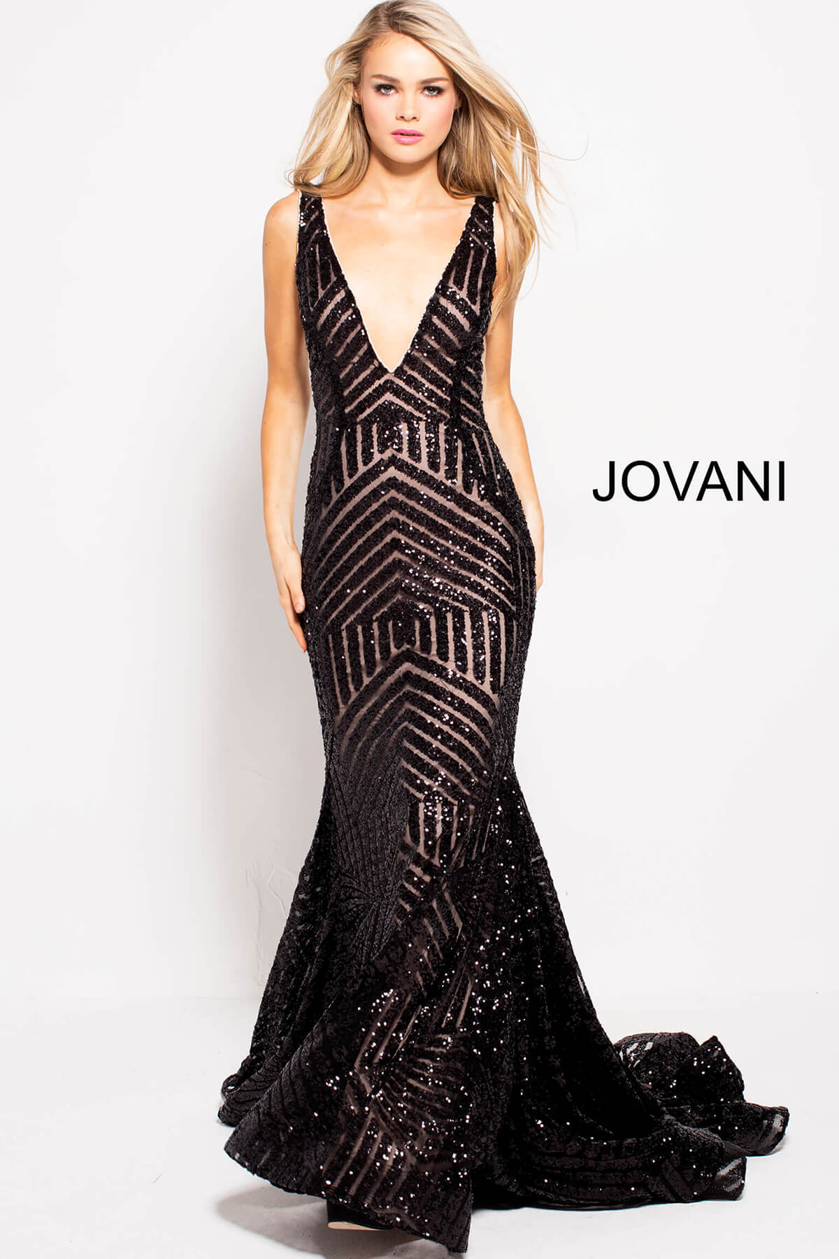 Model wearing Jovani 59762 Low V Neck Sequin Sheath Dress