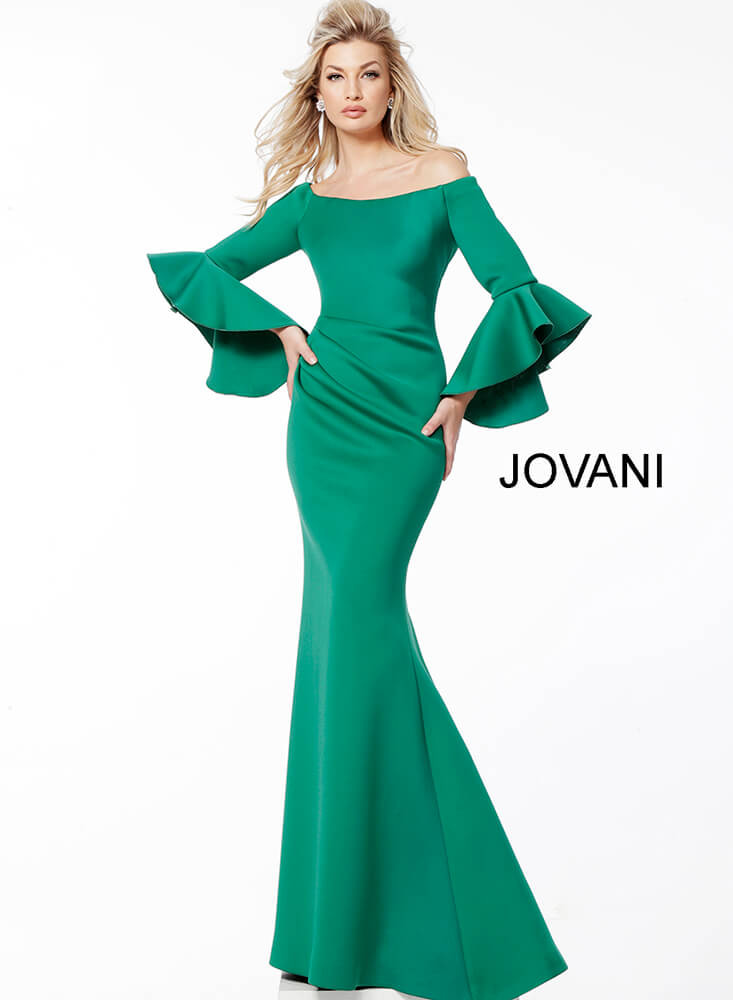 Model showcasing back of Jovani 59993 Green gown with off-the-shoulder neckline.