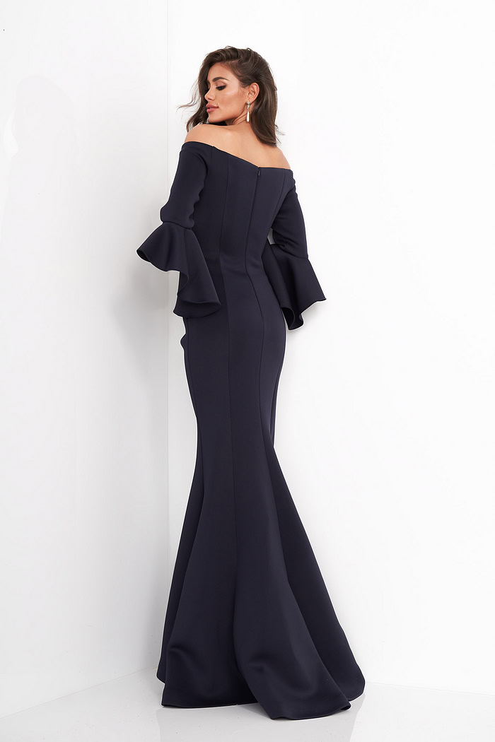 Back view of Jovani 59993 Navy gown, highlighting off-shoulder design.