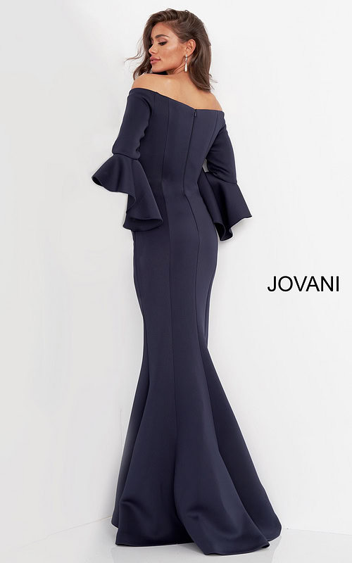Back of Jovani 59993 Navy gown with fitted bodice and bell sleeves.