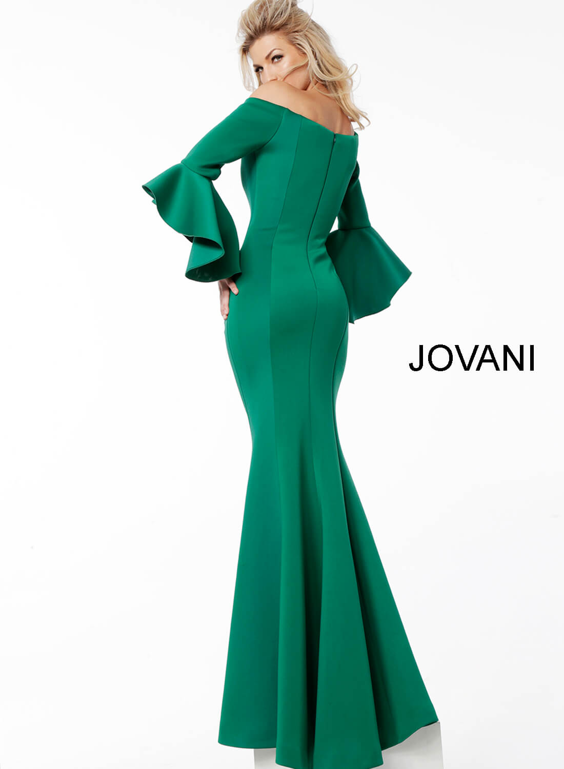 Jovani 59993 Navy gown back view, showcasing fitted bodice and off-shoulder cut.