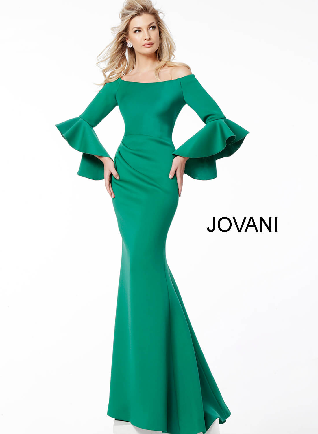Back view of Jovani 59993 Green gown with off-shoulder design and bell sleeves.