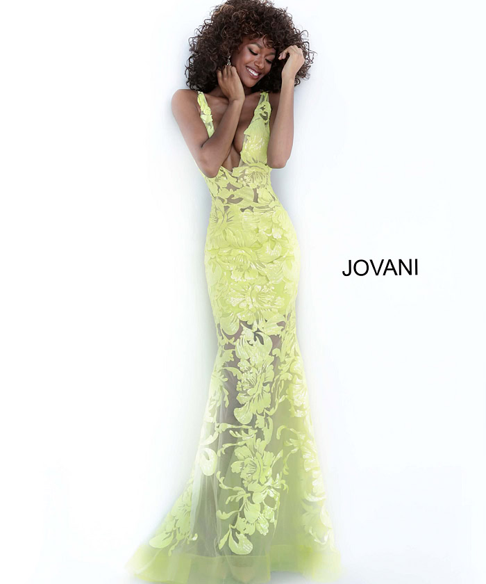 Model wearing Jovani 60283 Light Blue Floral Appliques Prom Dress