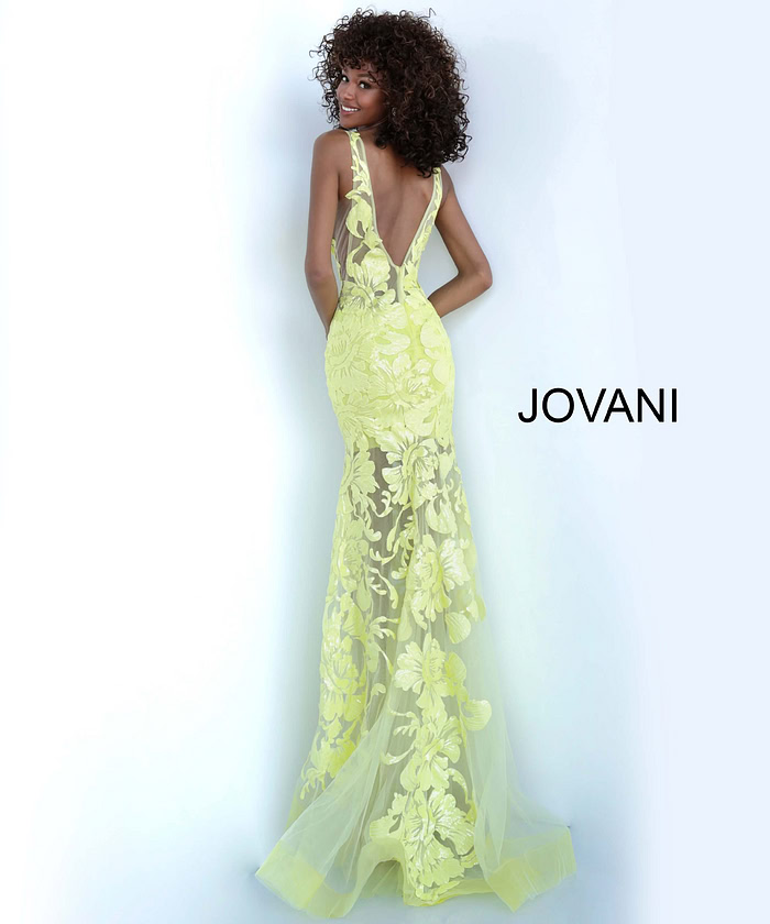 Back view of Jovani 60283 yellow gown with floral lace design.