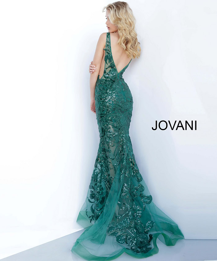 Back view of Jovani 60283 green mermaid gown with lace appliqué.