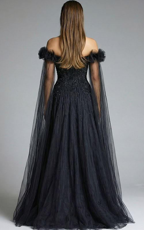 back of off the shoulder sheer beaded dress 61002