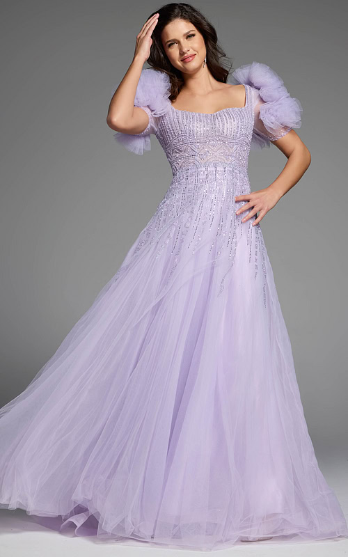 Puffy sleeve lavender evening gown with intricate beading and flowing tulle skirt.