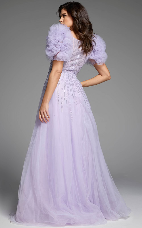 Back view of a lilac gown showcasing puffed sleeves and detailed beadwork.