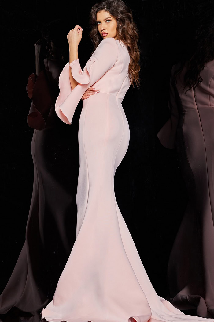 Back view of Jovani 63168 blush dress, highlighting the fitted mermaid silhouette.