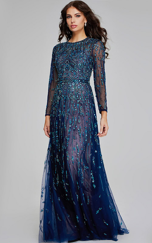 Model wearing Jovani 80807 navy gown, front view with intricate beadwork.