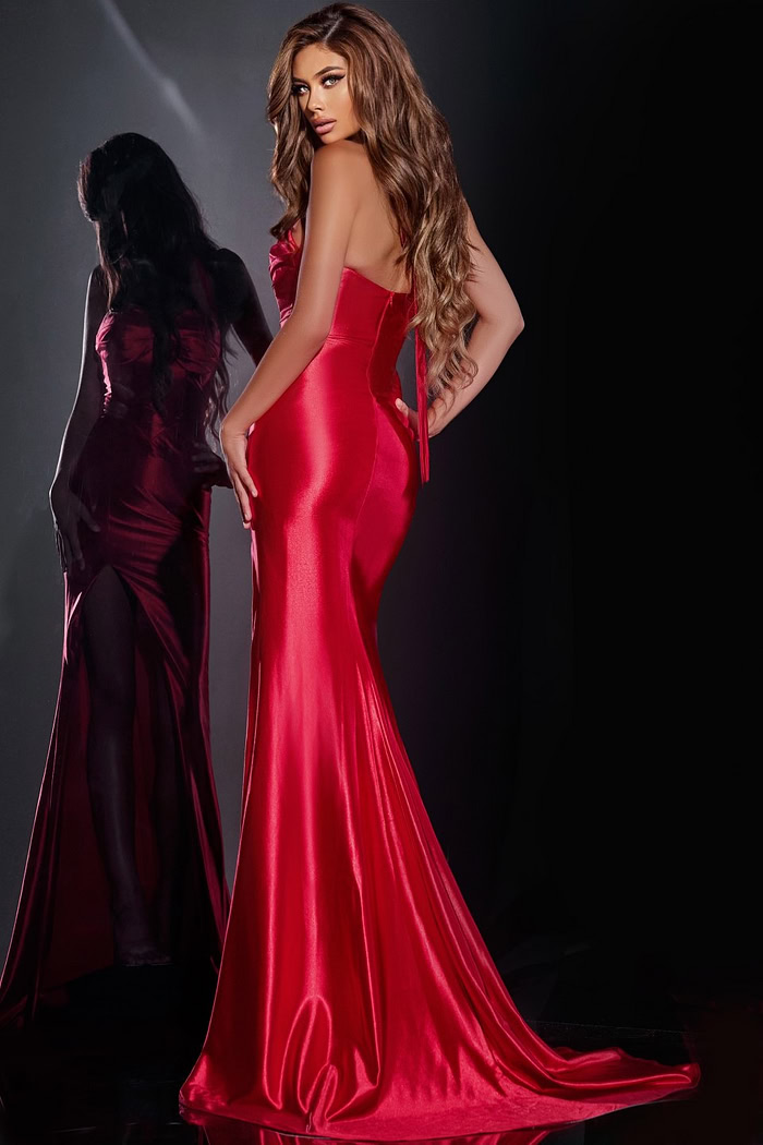 Back view of model wearing D5006 red gown highlighting elegant back design