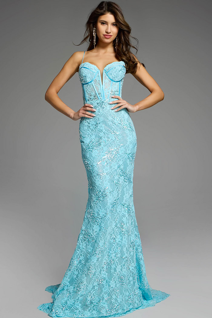 Elegant lace dress with corset design.