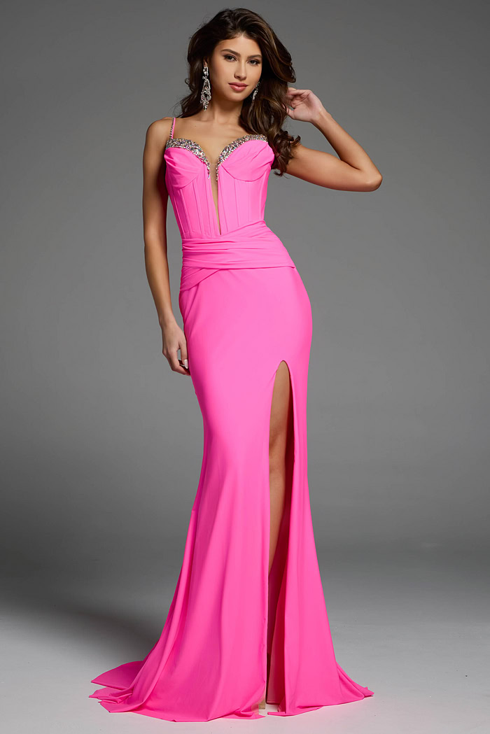 crystal jeweled high slit dress D5020