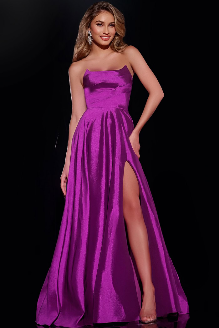 Model wearing Jovani D5822 purple dress with a high slit and strapless neckline.