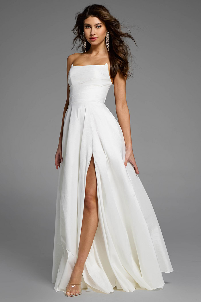 strapless high slit a line white dress with side pockets.