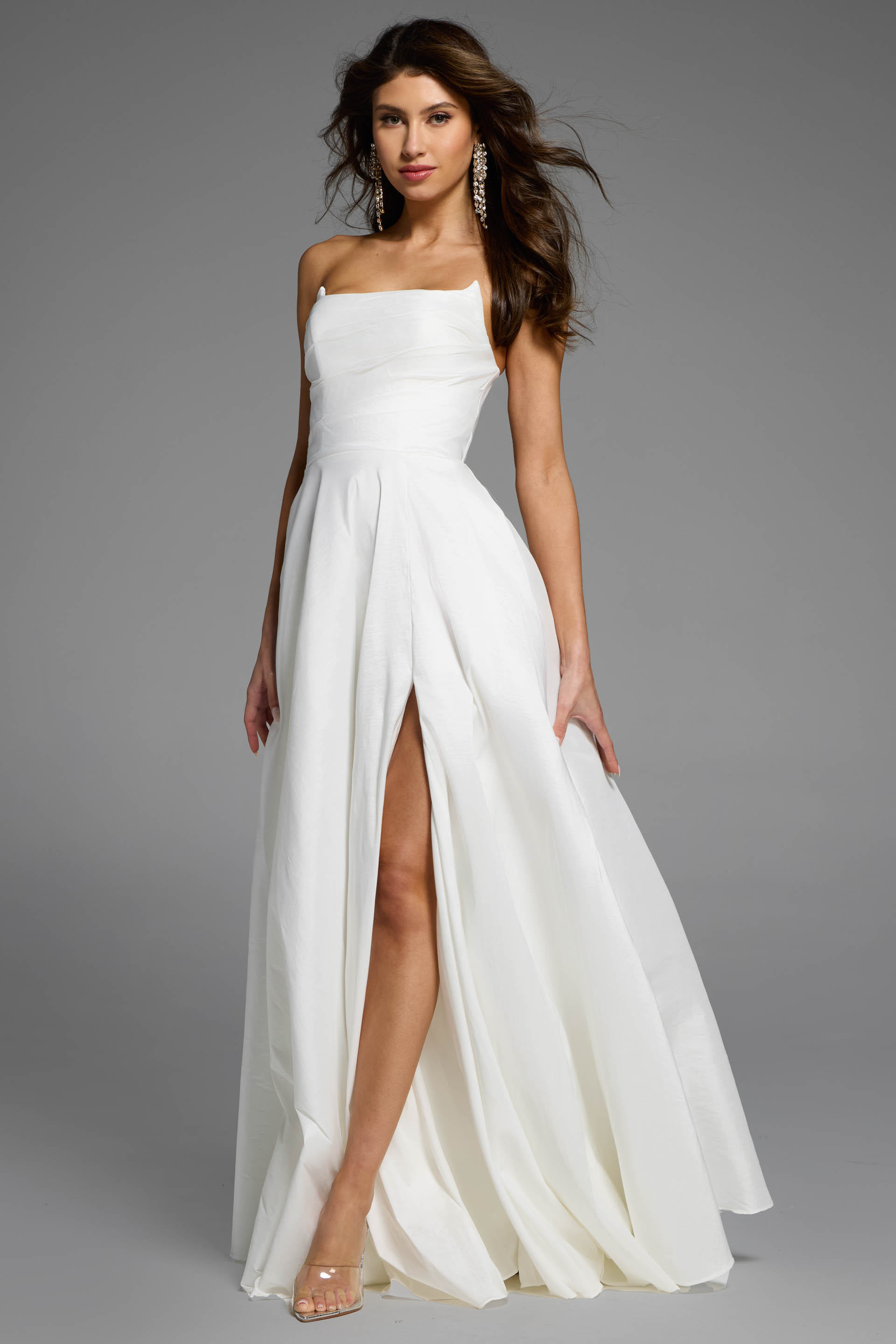 strapless high slit a line white dress with side pockets.
