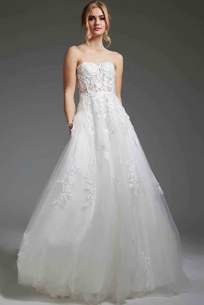 Front view of ivory Jovani JB05361, showing stunning floral embroidery and sweetheart neckline.