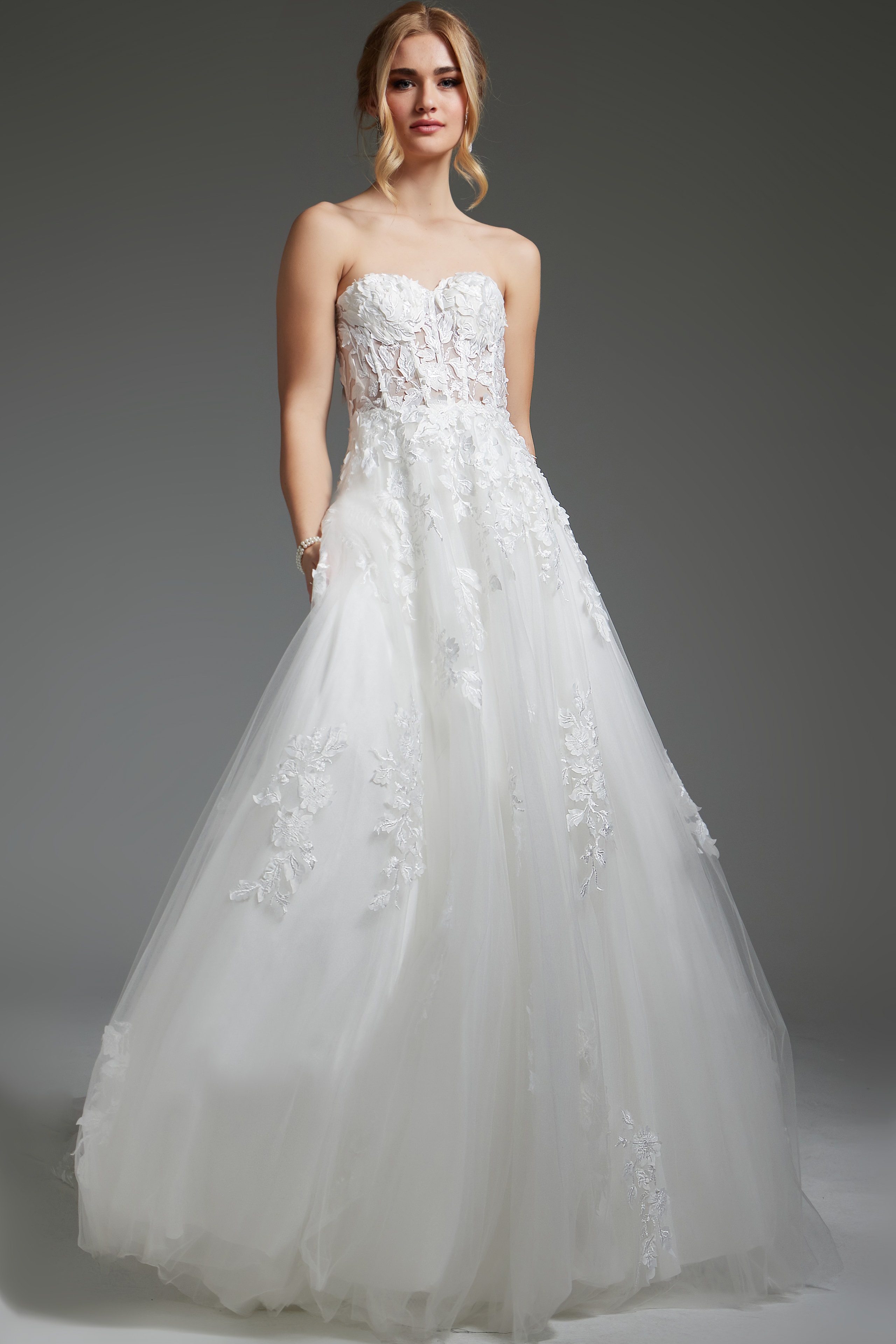 Front view of ivory Jovani JB05361, showing stunning floral embroidery and sweetheart neckline.